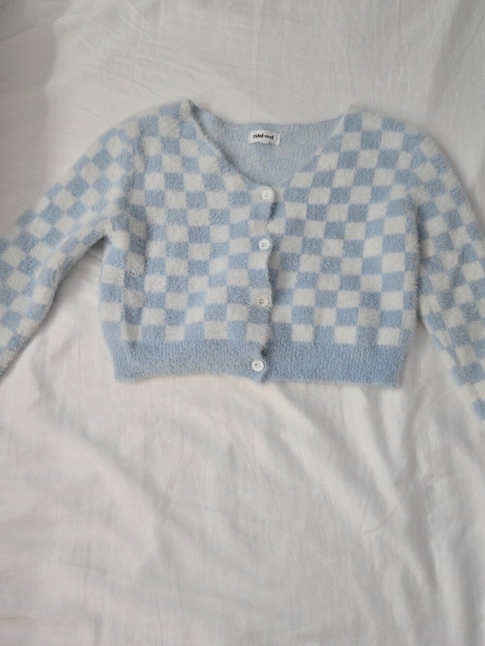 Blue and white checked gingham cropped knit